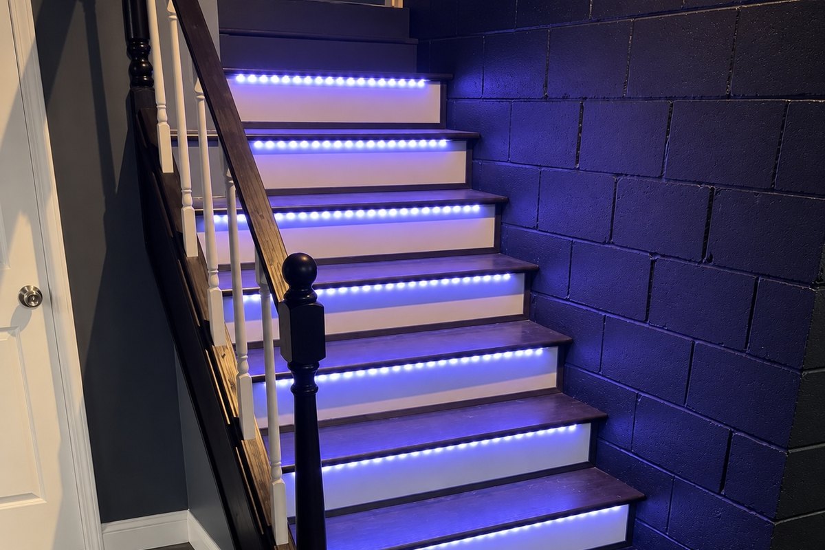 Custom basement stair with dark-stained treads, lit white risers, and a turned newel post