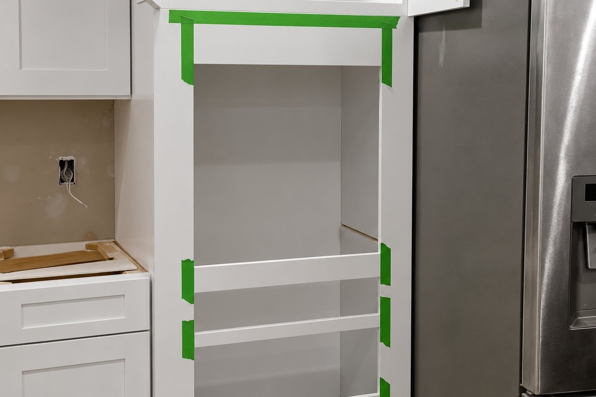 Kitchen tall white cabinet with an oven slot and pull-out shelves edged in tape