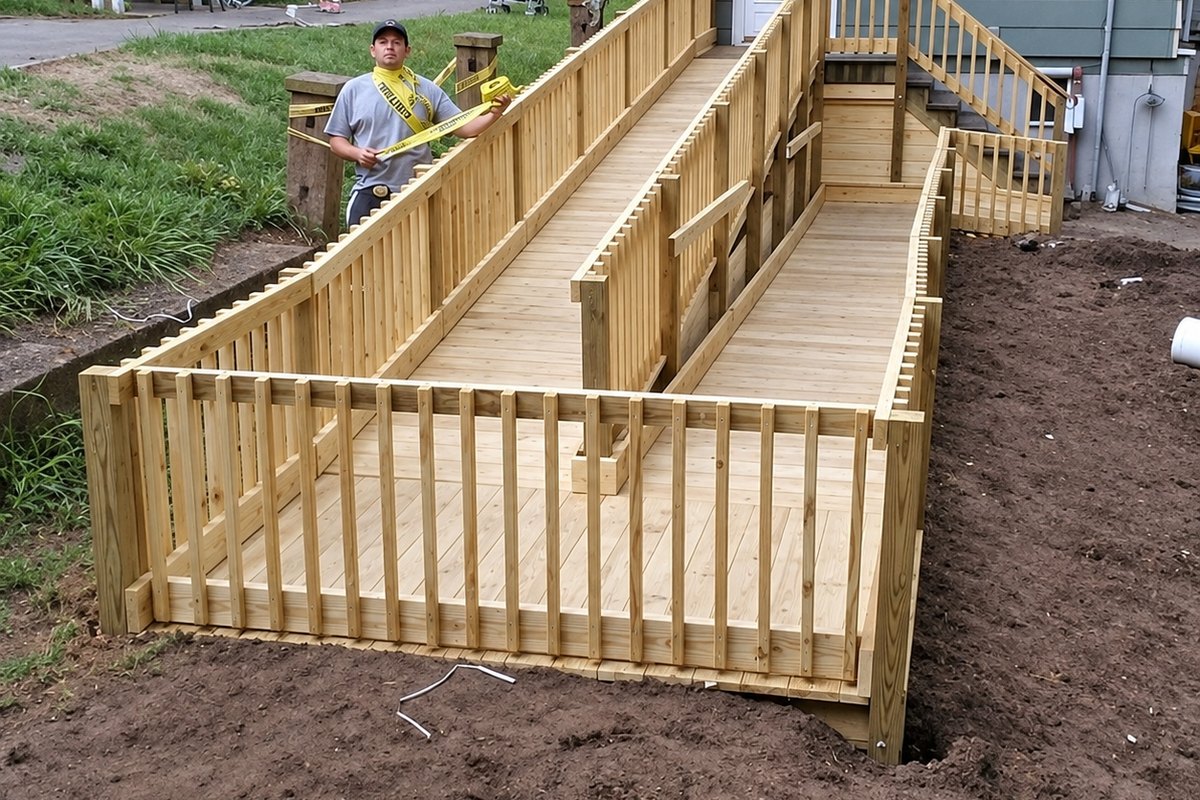 New wood ramp and landing with balusters and handrails along the side of a gray house