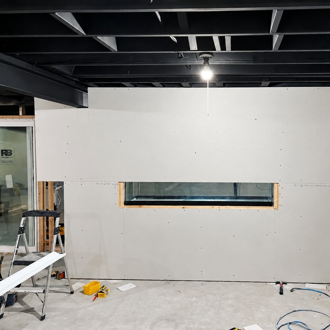 New drywall wall in a basement with a long window opening and a stepladder