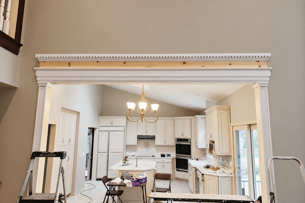 Wide opening in a tall beige wall getting a built-up header with fluted pilasters