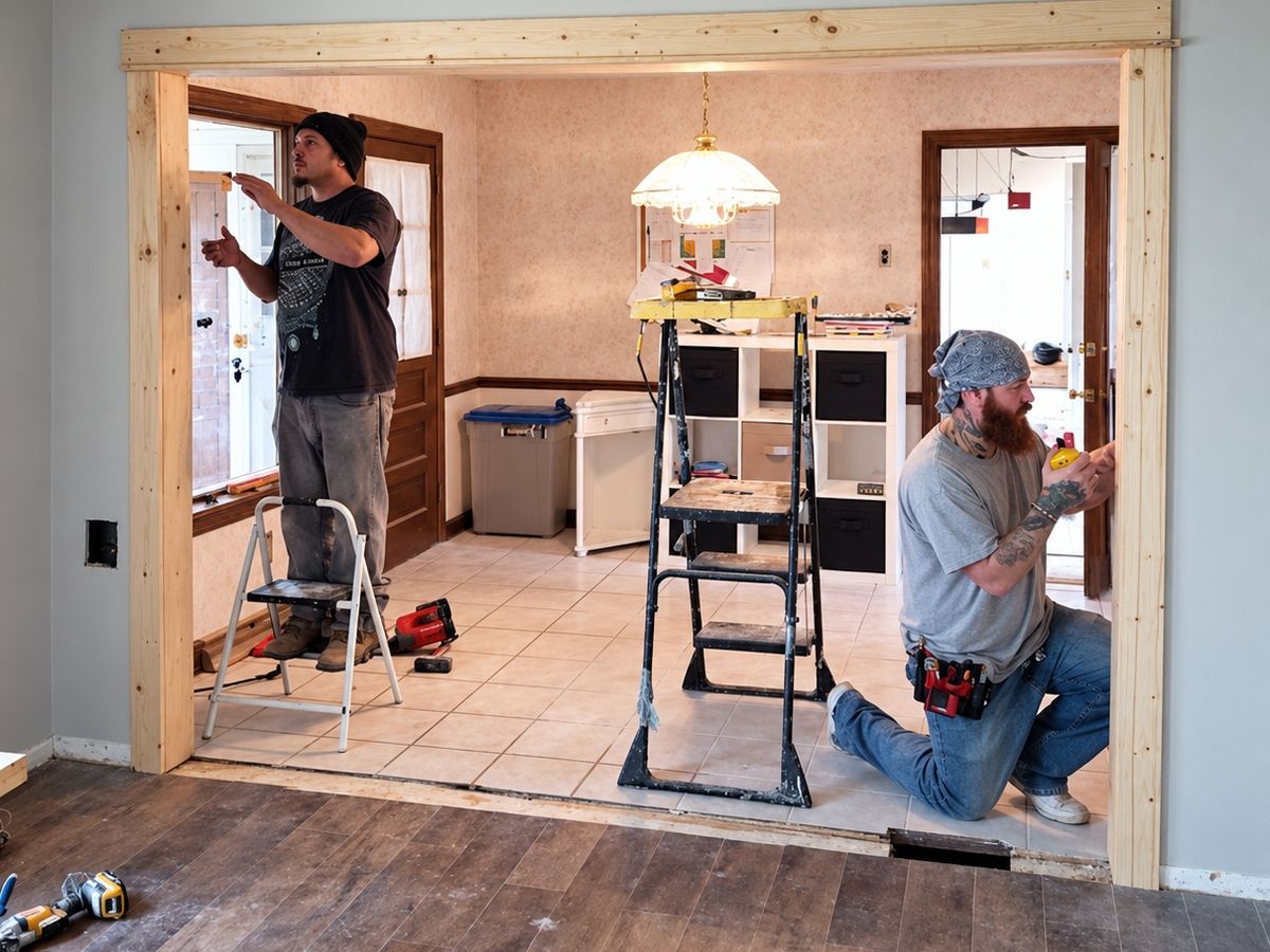 Two carpenters framing a newly widened opening between rooms with fresh pine lumber