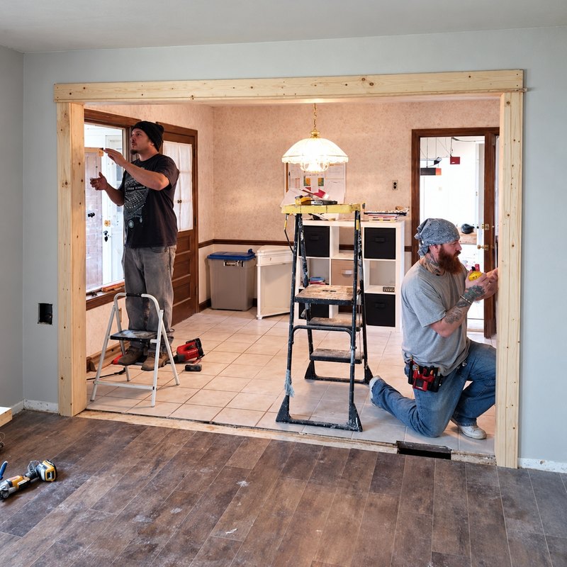 Two carpenters fitting pine lumber around an opening between two rooms