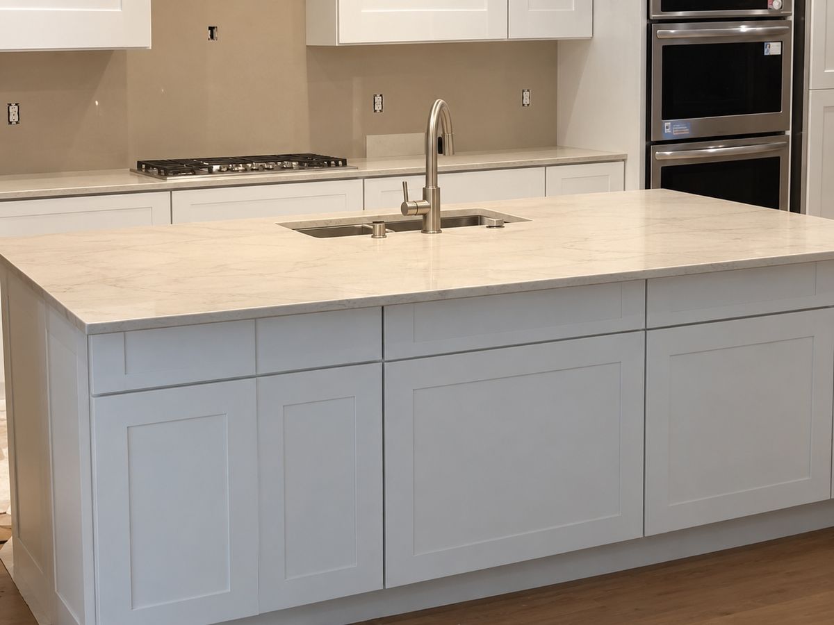 Nearly finished kitchen: a large island of white shaker cabinets with a white marble-look stone countertop