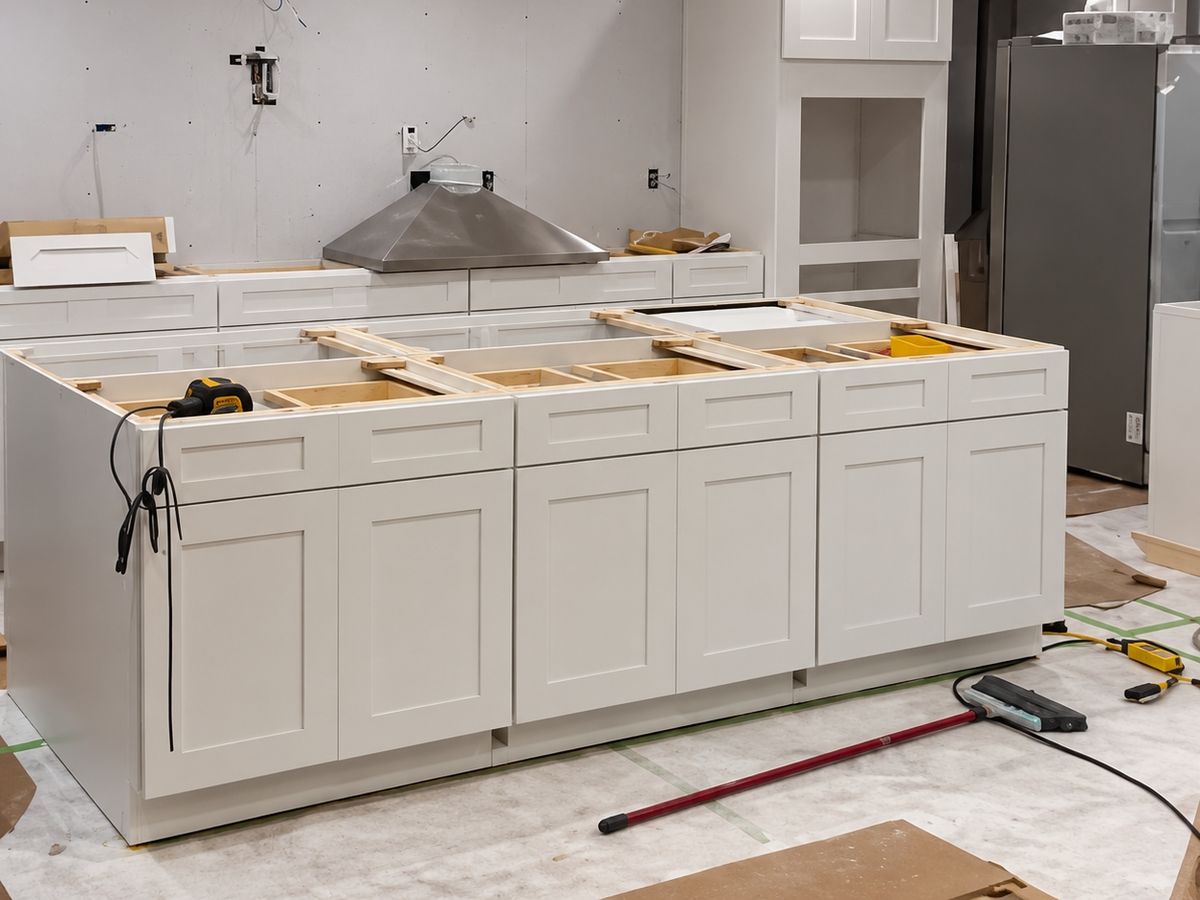 Kitchen mid-install: white shaker base cabinets and a large island set with no countertops