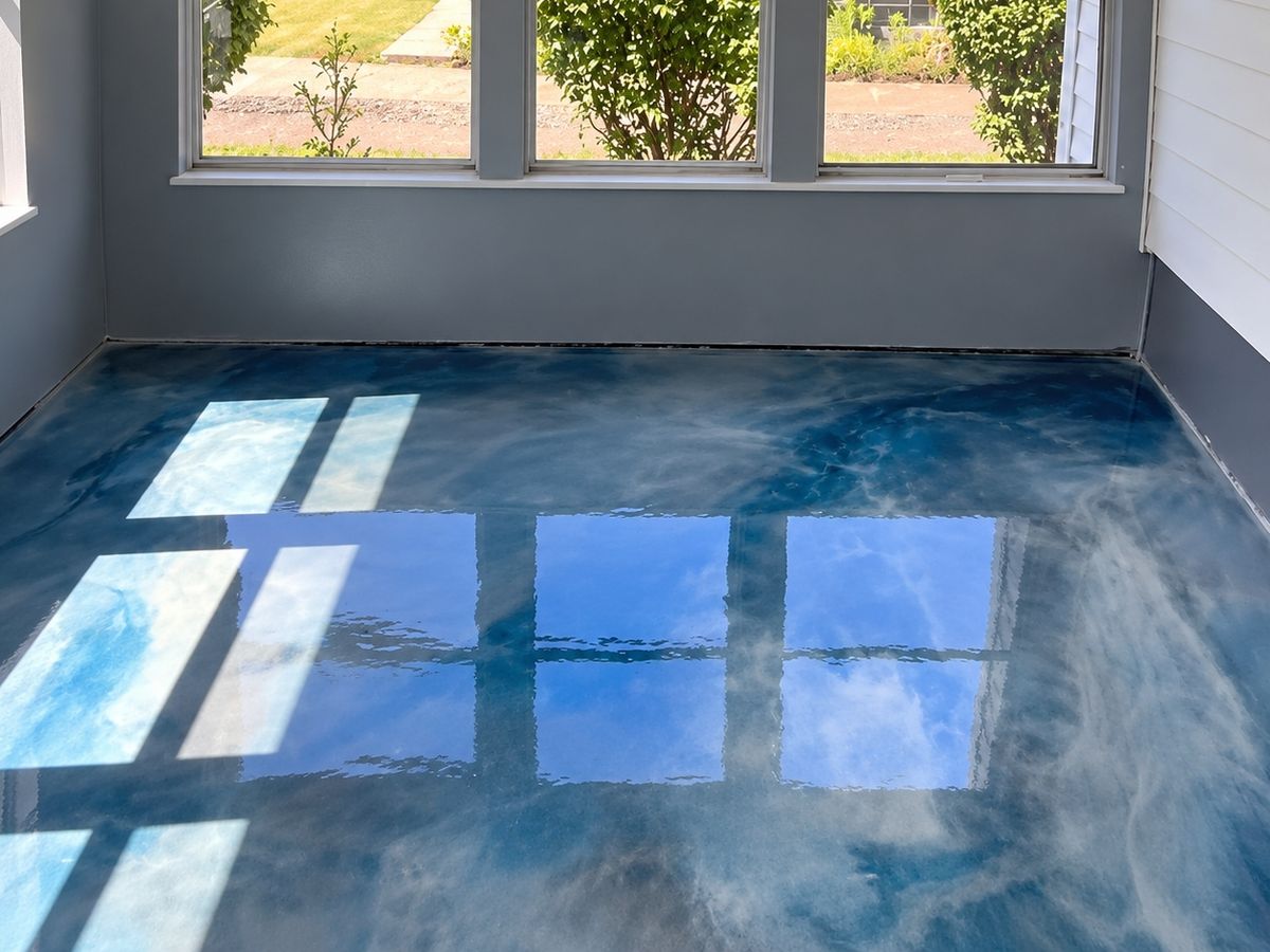 Enclosed porch with a high-gloss metallic epoxy floor swirled in blue and white