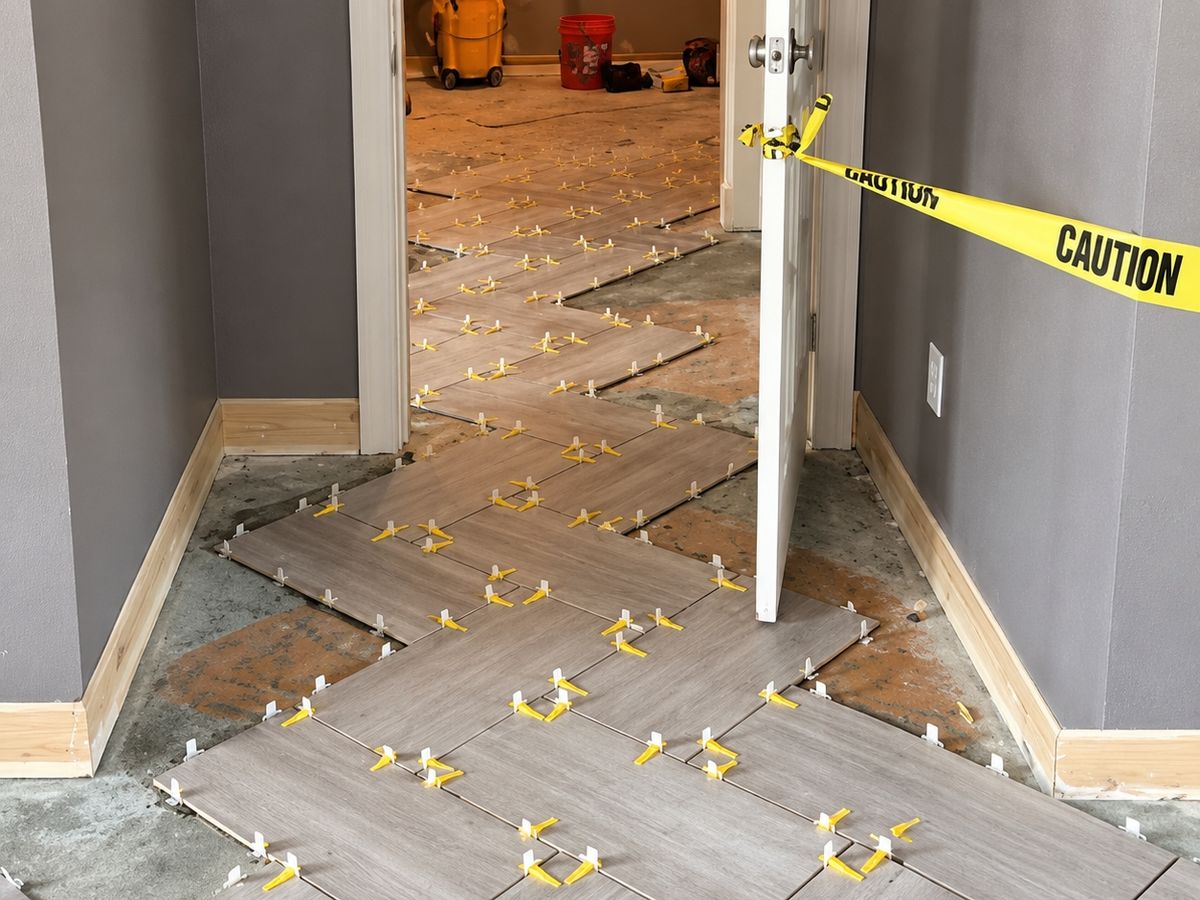 Hallway and doorway with gray wood-look porcelain plank tile in a herringbone pattern still held by leveling clips