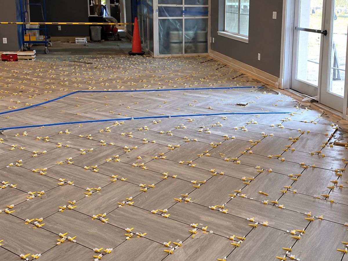 Large open room with gray wood-look plank porcelain tile laid in a herringbone pattern