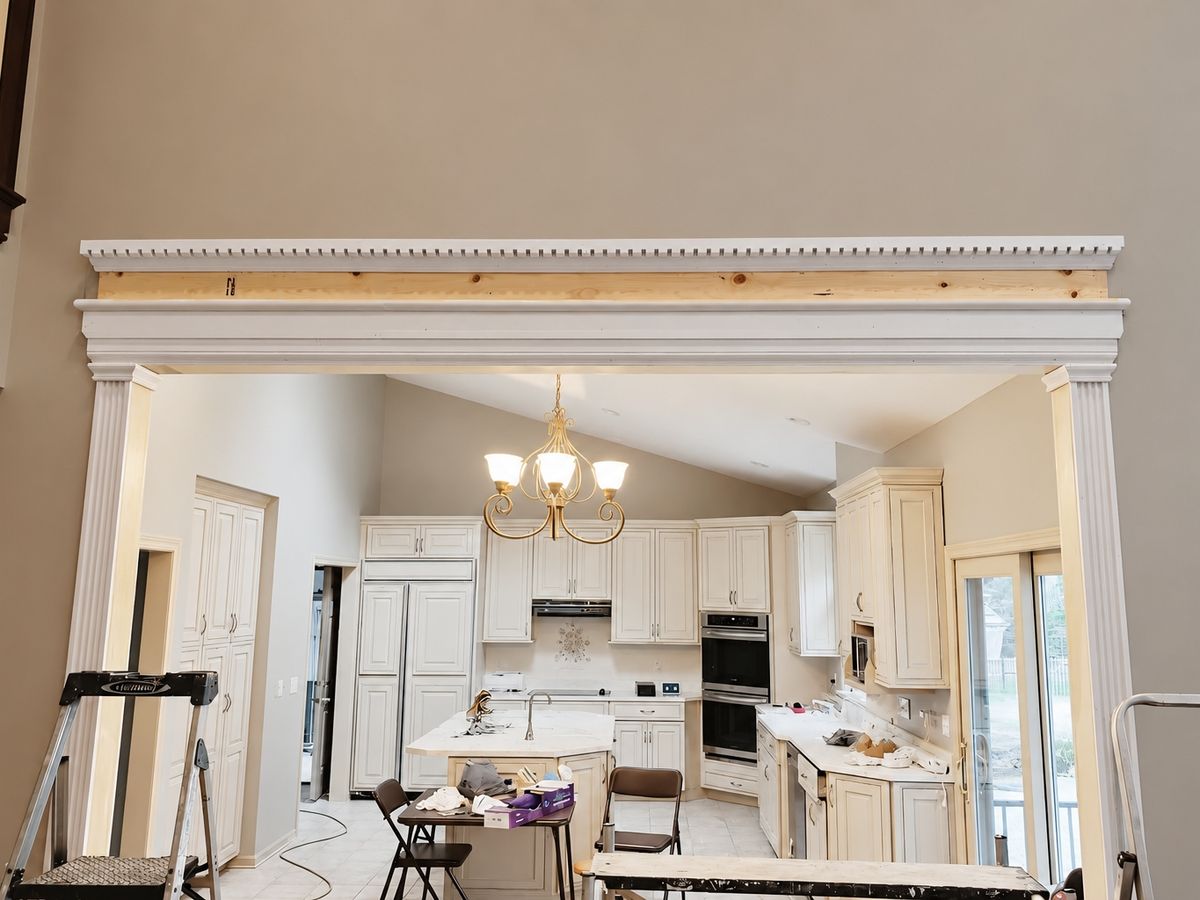 Beige wall with a built-up header and fluted pilasters taking shape over a wide opening