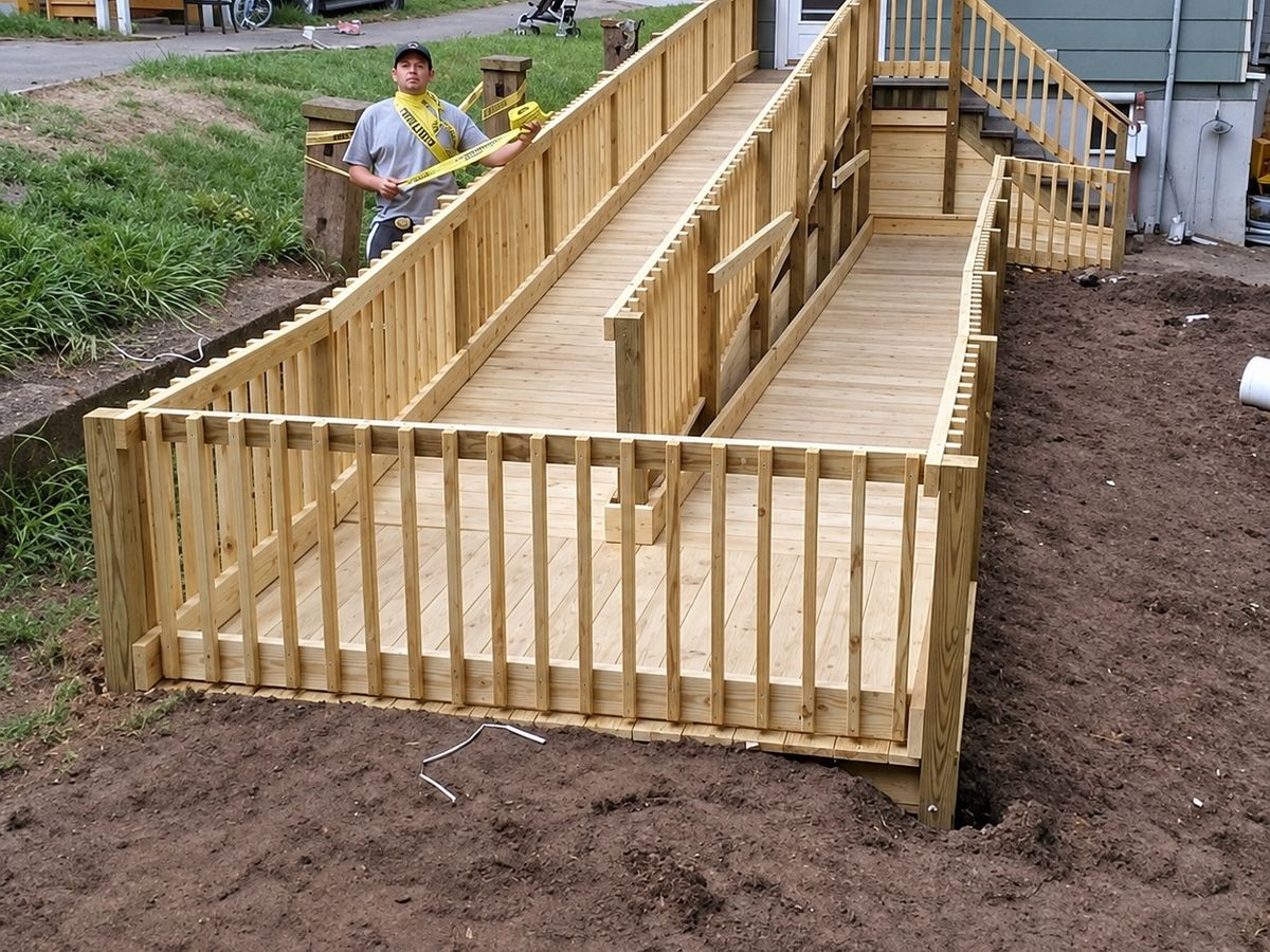 New pressure-treated wood ramp and landing with balusters and handrails built along the side of a gray house