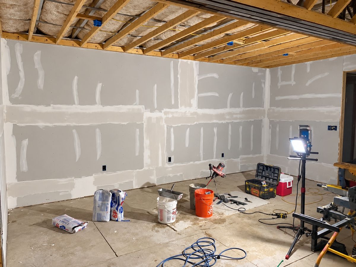 Room with new drywall taped and patched with joint compound, framing and insulation above