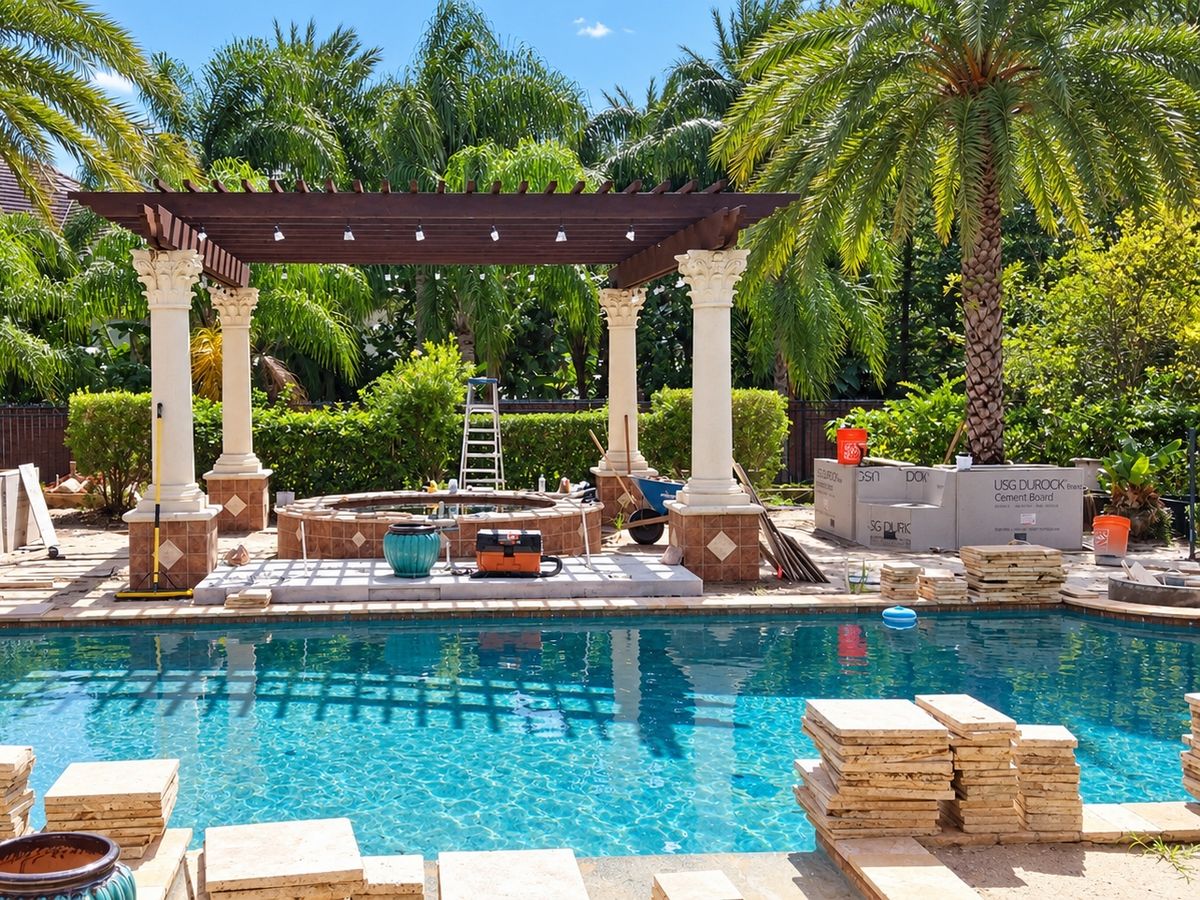 Backyard pool mid-renovation under palm trees, with a dark wood pergola on four cream Corinthian columns