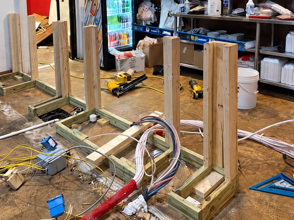 Restaurant build-out: new pressure-treated 2x4 base frames for a counter set on a torn-up floor