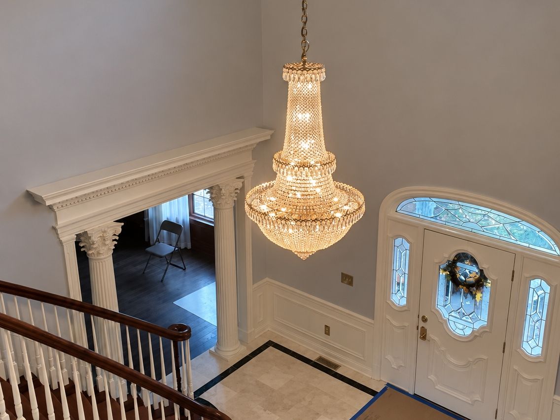 Looking down into a two-story foyer: a large crystal chandelier