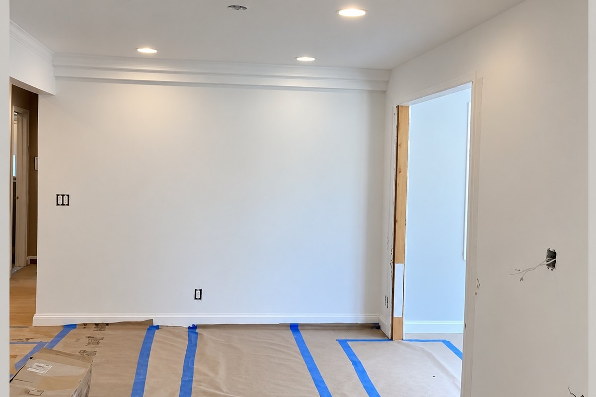Freshly painted white room with crown molding, white baseboard, and recessed lights