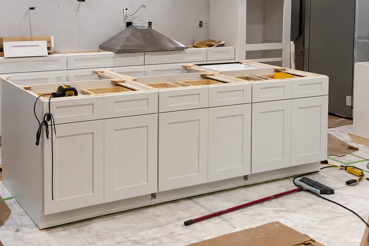 White shaker base cabinets and a large island set during a kitchen install