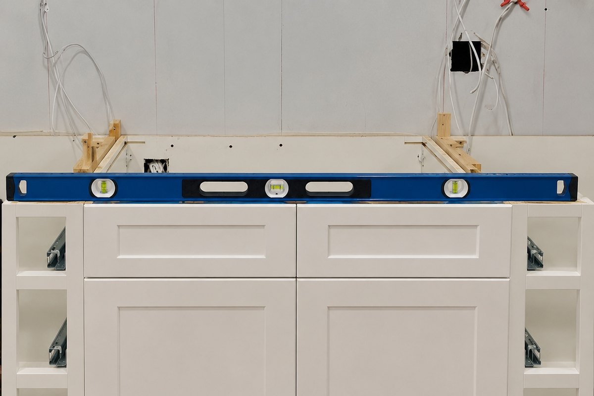 Kitchen sink base in white shaker cabinetry flanked by open narrow cabinets