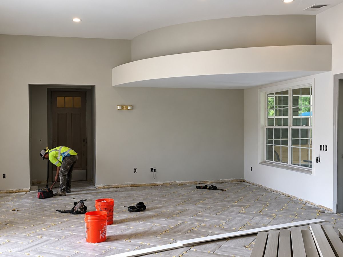 Large room with gray wood-look porcelain floor tile being set in a herringbone pattern with yellow leveling clips